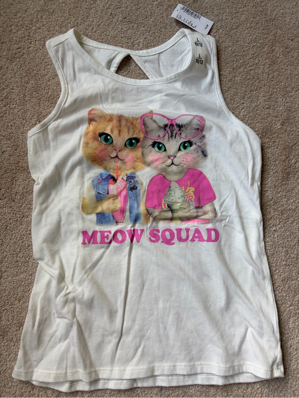 The Children's Place White Tank Top with Pink 'Meow Squad' Kitty Graphic